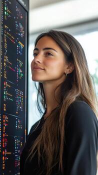 Confident female data analyst in high-tech office with colorful data blocks on a futuristic dashboard. Data scientist photo