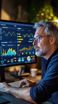 Man in modern workspace with vertical monitor displaying SaaS UI with real-time data, bar graphs, heatmaps, and KPI radial charts. Data scientist photo