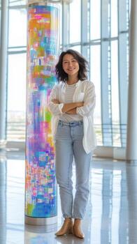 Confident female data analyst standing in front of futuristic dashboard in high-tech office environment. Data scientist photo