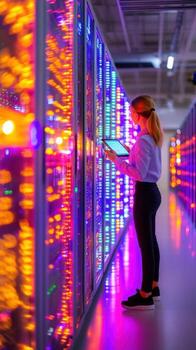 Female big data engineer navigating glowing data center aisle with tablet displaying vibrant dashboards. Data scientist photo