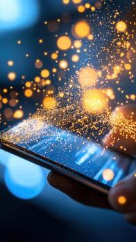 Glowing data stream emerging from smartphone held by professional in modern office with abstract analytics symbols. Data scientist photo