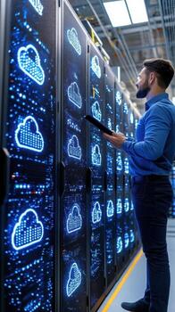 Cloud infrastructure engineer in futuristic server room with tablet displaying network architecture. Data scientist photo