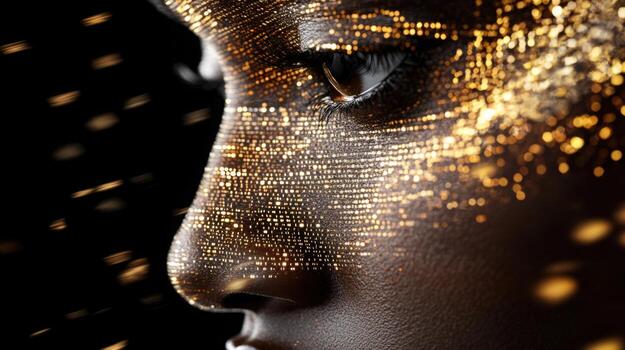 digital humano cara disolviendo dentro números y código con etéreo resplandor en un inspirado en la tecnología antecedentes. datos científico foto