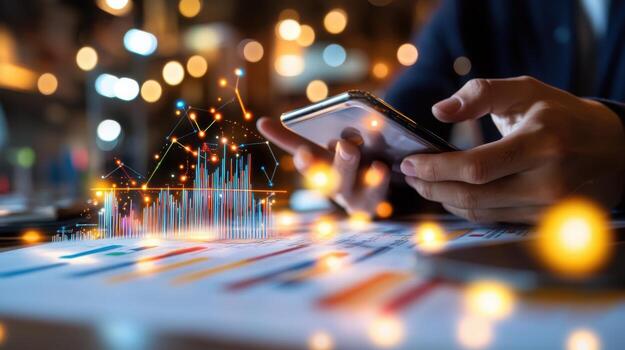 Glowing data stream rising from smartphone in a professional's hand with charts and algorithms in modern office setting. Data scientist photo