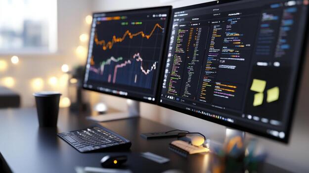 A vertical layout of a home tech office desk featuring ultrawide monitors with a data science dashboard. Data scientist photo
