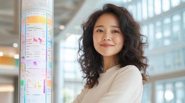 Confident female data analyst in front of a futuristic dashboard with tall windows and colorful data blocks. Data scientist photo