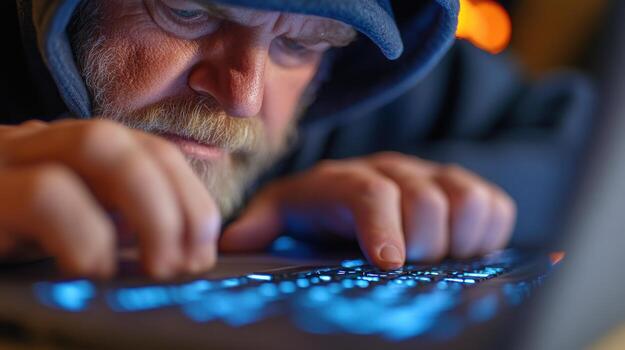 Cybersecurity data scientist in dark hoodie working on encrypted algorithms with a focus on digital protection themes. Data scientist photo