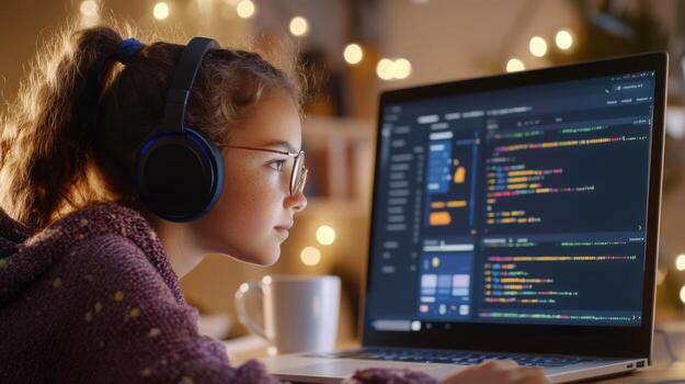 Young data science student focused on laptop screen with online course interface. Data scientist photo