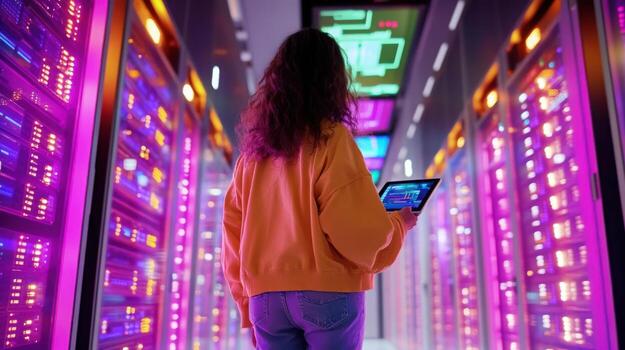 Female big data engineer walking through a futuristic data center aisle with rhythmic server lights and vibrant dashboards. Data scientist photo