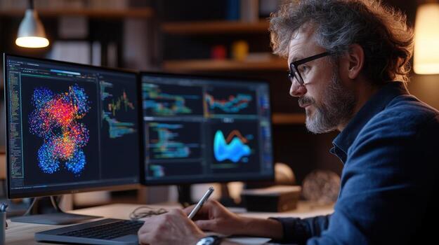 Focused male data scientist writing python code in a moody tech workspace with function definitions and seaborn visualizations. Data scientist photo