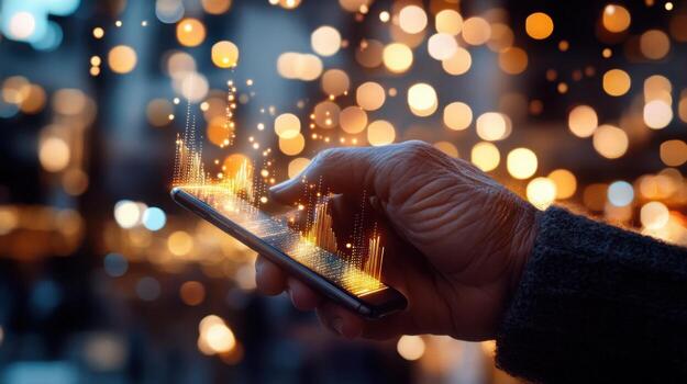 Glowing data stream rising from a smartphone held by a professional in a modern office, symbolizing cloud data gathering and AI research. Data scientist photo