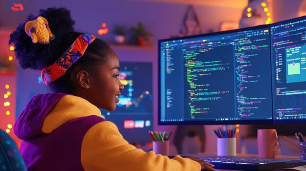 Young black female developer sitting at a vibrant desk with python code and live dashboard. Data scientist photo