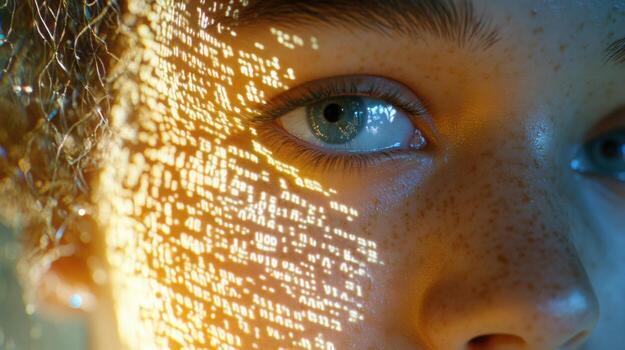 Digital human face dissolving into streams of numbers and binary code representing AI and analytics. Data scientist photo