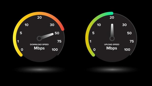 Speed Test Mbps Scale, Download and Upload Internet Meter on Black Background vector