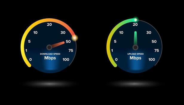 Internet Speed Dial with Clean Dark UI, Broadband Mbps Gauge for Download and Upload vector
