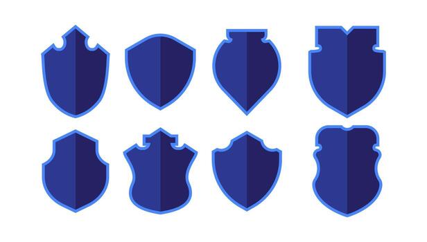 Flat Shield Shape Icon Collection, Blank Blue Emblem Set for Badge and Security Design vector