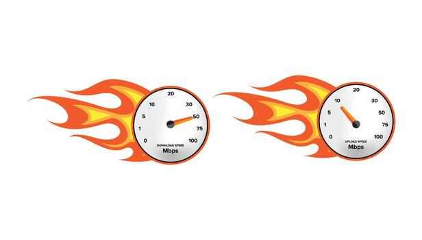 Internet Speed Meter with Flames, Fast Connection Indicator Gauge on White Background vector