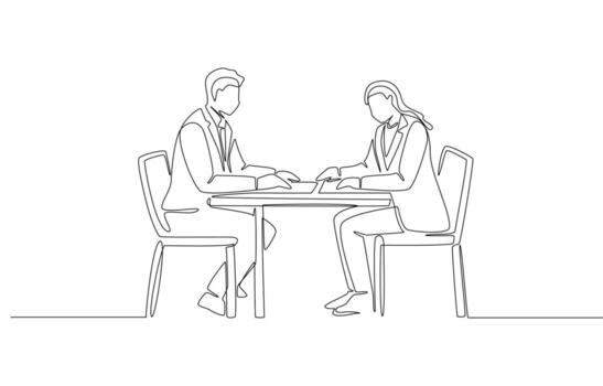 continuo uno línea dibujo de masculino y hembra colegas sentado a través de y teniendo conversacion acerca de trabajar, negocio diálogo en Progreso concepto, soltero línea Arte vector