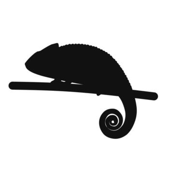 silhouette of a chameleon sitting on a branch, featuring its curled tail and distinct profile. Ideal for wildlife, reptiles, and minimal nature icons vector
