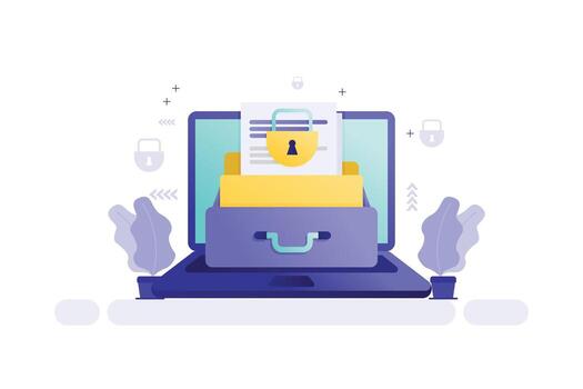 Illustration of laptop with document and padlock, concept of cybersecurity and secure data storage vector