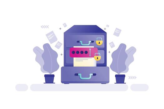 Illustration of a secure digital filing cabinet with floating documents and padlocks vector