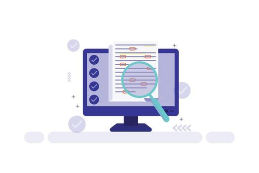 illustration of computer monitor with document, magnifying glass, and checkmarks indicating search and task completion vector