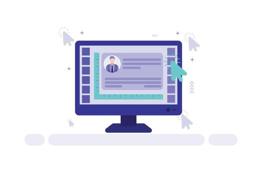 Illustration of a computer screen displaying a profile card with avatar and text, representing a digital user interface vector