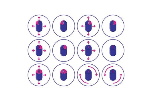 computadora ratón gestos red, 12 íconos demostración movimiento y Desplazarse direcciones vector