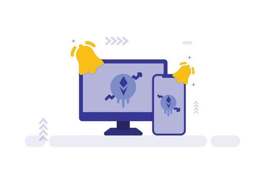 Crypto Security Alert,Monitor and Smartphone with Virus Symbol, Curved Arrow, and Notification Bells vector