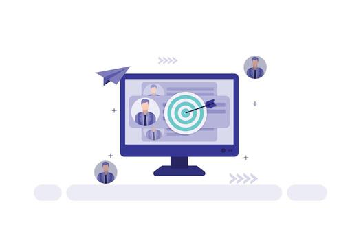 illustration of a computer monitor with target and arrow surrounded by business avatars for goal setting and networking vector