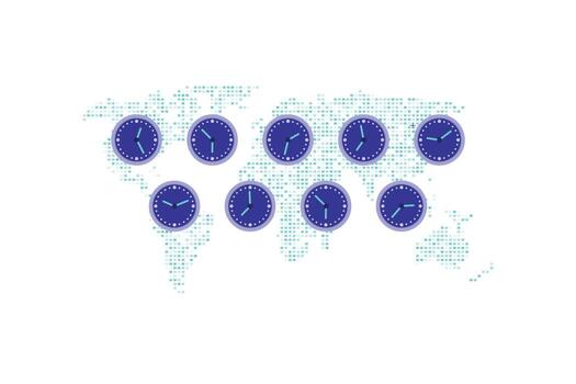 Digital Illustration of Pixelated World Map with Blue Clocks Showing Different Time Zones, Symbolizing Global Time vector