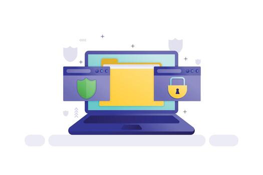 ordenador portátil con carpeta y seguridad iconos, en línea intimidad y datos proteccion concepto vector