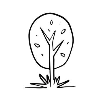 Simple Line Drawing of a Tree with Leaves and Grass vector