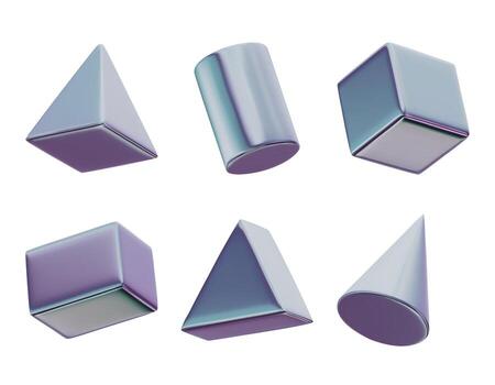 3D realistic render silver figures. Grey, platinum metallic design objects. decorative geometric shapes. Cube, cone, cylinder, pyramid. Isolated on a white background vector