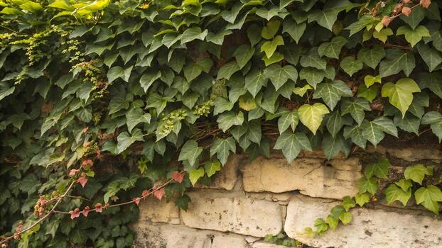 Ivy covered stone wall in a garden, creating a natural, textured backdrop with varying shades of green foliage and weathered stones, adding rustic charm. photo