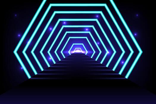 Neon hexagonal tunnel with blue lights vector