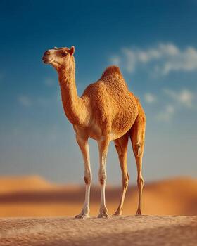 Camel in sharp focus standing tall on sand dunes under clear desert sky, clean centered composition with natural tones for stock use photo
