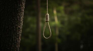 Hanging Rope Noose on Tree in Dark Forest Representing Despair photo