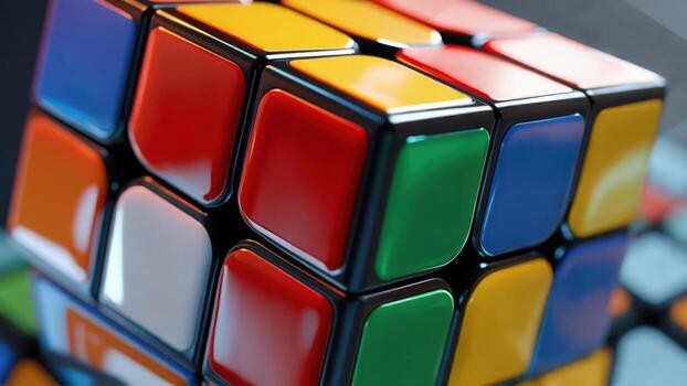 Close-up of a multicolored cube puzzle, partially solved photo