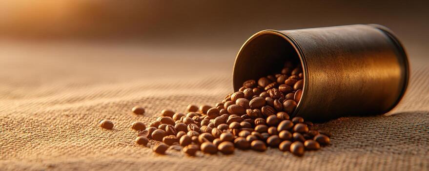 Spilling Vintage Metal Coffee Bean Container on Rustic Textured Surface photo