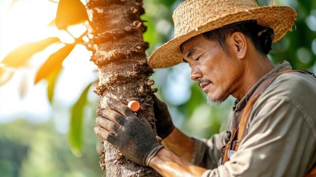 Worker Carefully Tapping Rubber Tree in Plantation photo