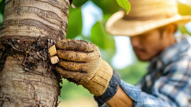 Rubber Plantation Worker Carefully Tapping a Tree for Latex Extraction photo
