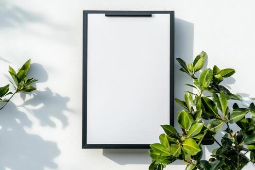 rectangular blanco cartelera con Delgado negro fronteras en limpiar estudio ajuste foto