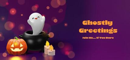 Ghost in cauldron with pumpkin and candles vector