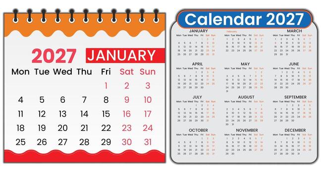 Calendar design in the year of 2027 with full 12 month layout. Including business and event weekly schedule and monthly deadlines. season of calendar 27 illustration vector
