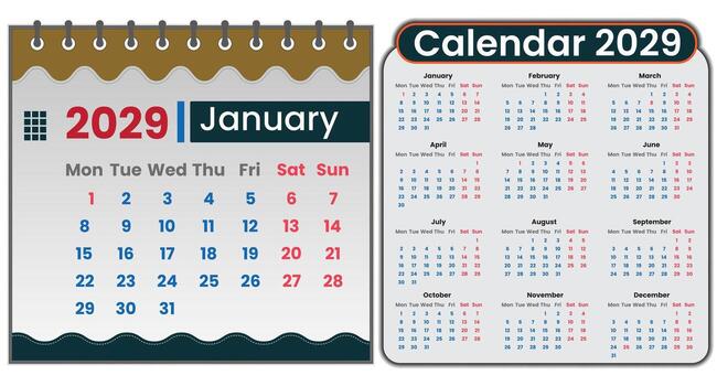 Professional calendar design for 2029 year featuring all 12 months. The annual calendar layout shows weeks, days, and key holidays in one design. School or business use calendar design 2029 vector