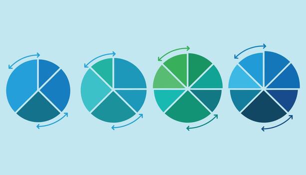 editable tarta gráfico conjunto con giratorio flechas y infografía elementos en azul antecedentes vector