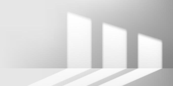 Grey colored stage in bright studio with diffused sunlight. Realistic layout with empty wall and soft floor shadows. Ideal for product showcase or cosmetic scene mockup. vector