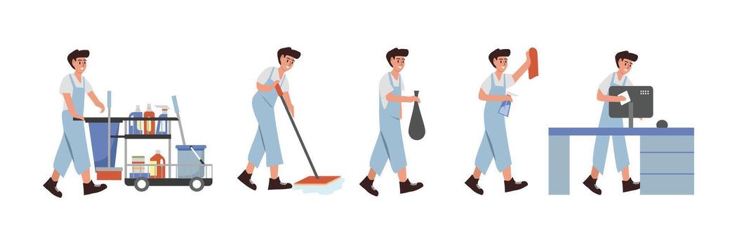 Illustration of cleaning tasks completed by a worker vector