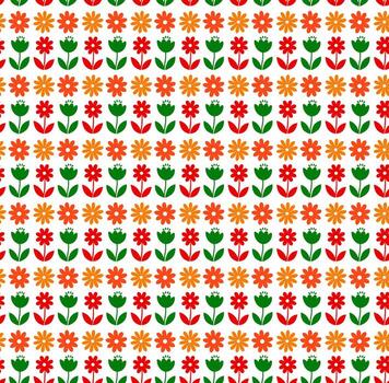 Seamless pattern of stylized orange red and green flowers in rows on white background vector